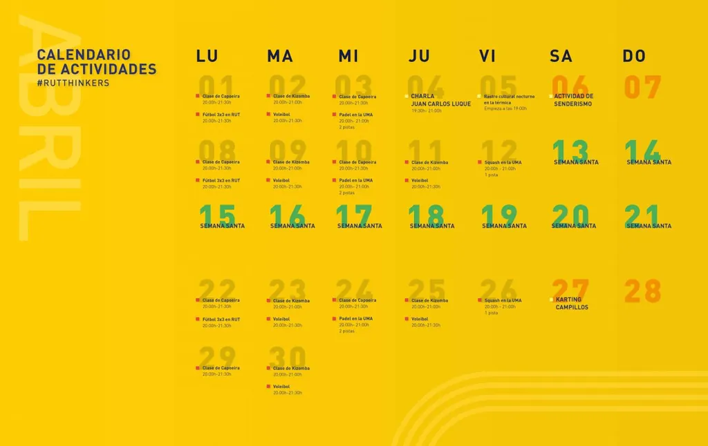 Calendario de actividades de abril de la Residencia Universitaria Teatinos, con la programación diaria del mes