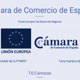 Cartel del evento de la Cámara de Comercio de España en la RUT, en duotono azul de archivo