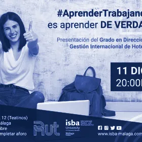 Cartel de la presentación del grado en dirección y gestión internacional de hoteles de ISBA Campus Málaga, en duotono azul de archivo