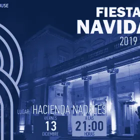 Cartel de la cena de Navidad del curso 2019/20 en Hacienda Nadales, en duotono azul de archivo
