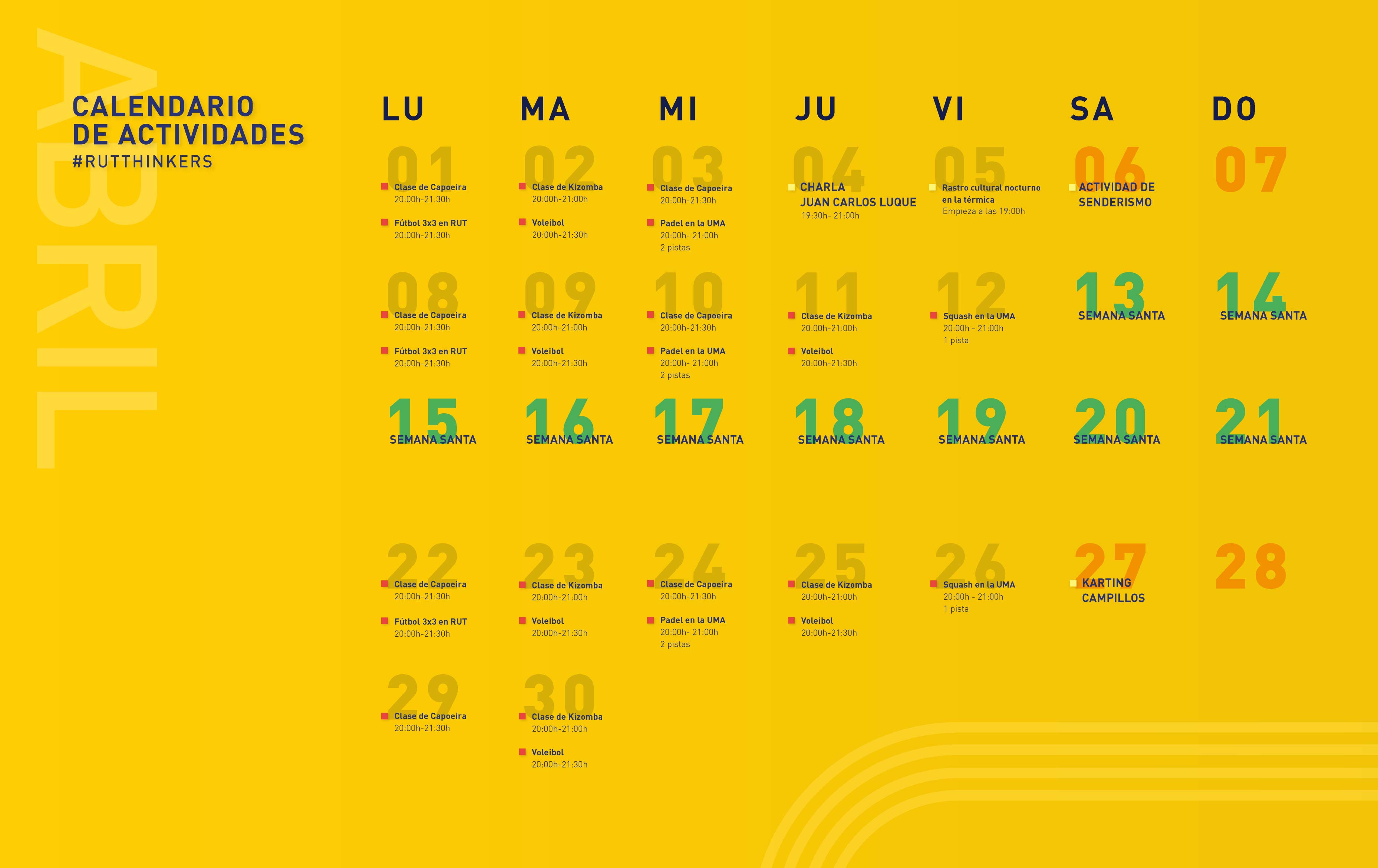 calendario de actividades abril, residencia universitaria en malaga, Rut